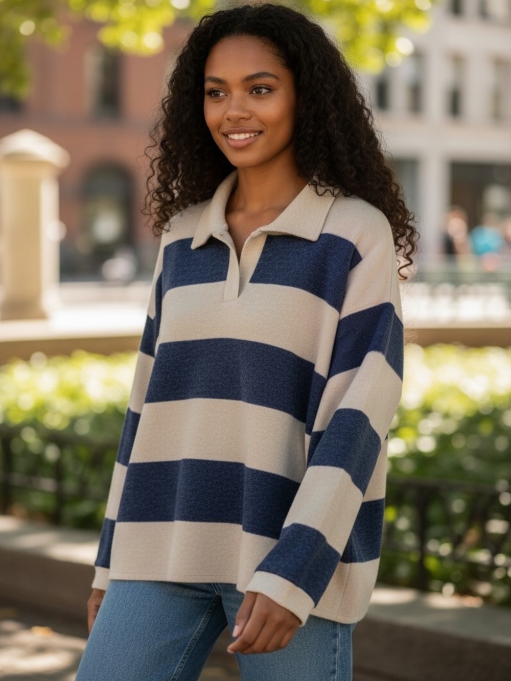 NWT Zenana Wide Stripe Navy and Cream Striped Rugby Sweater Top